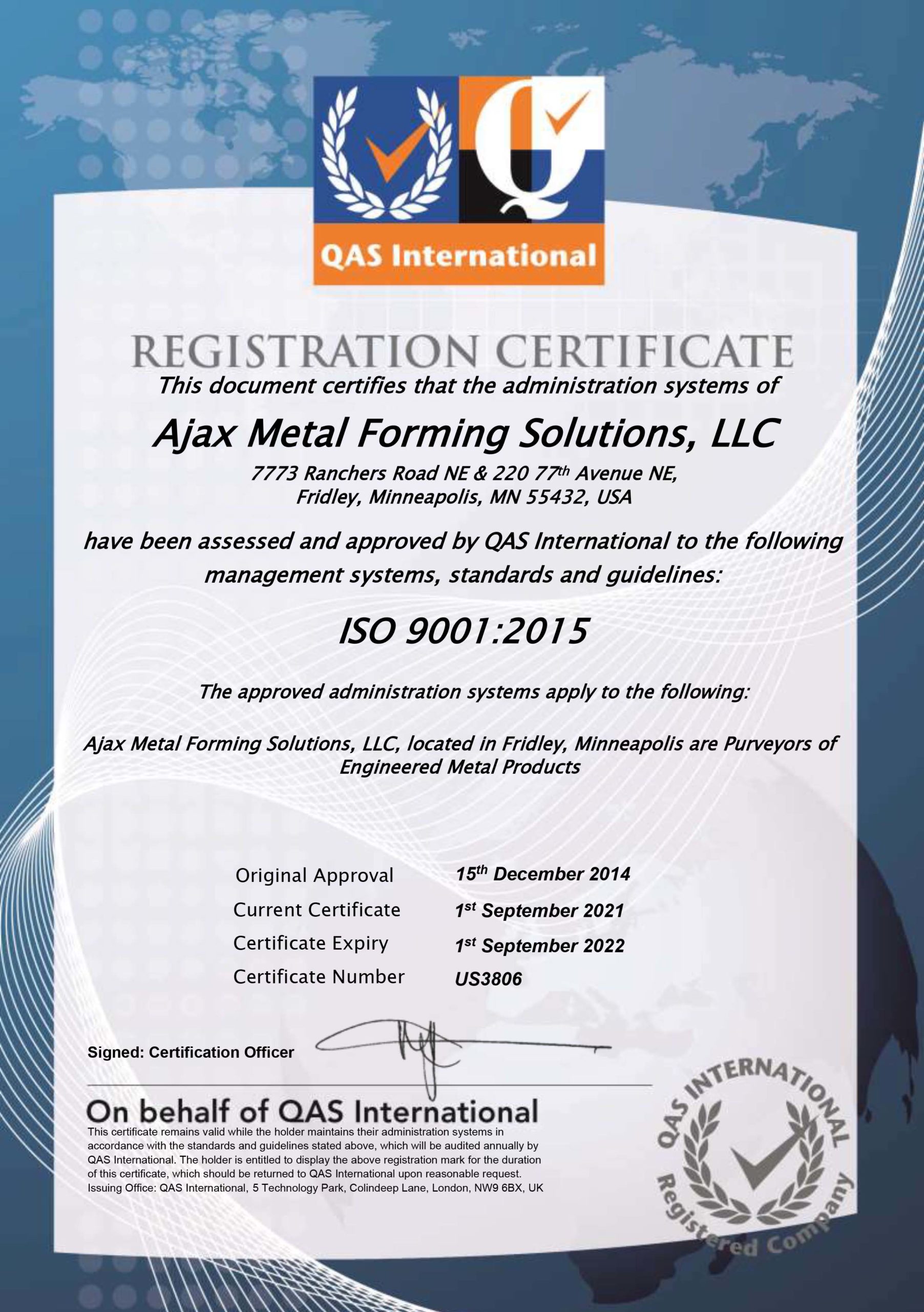 Ajax ISO 9001 2015 Registration Certificate