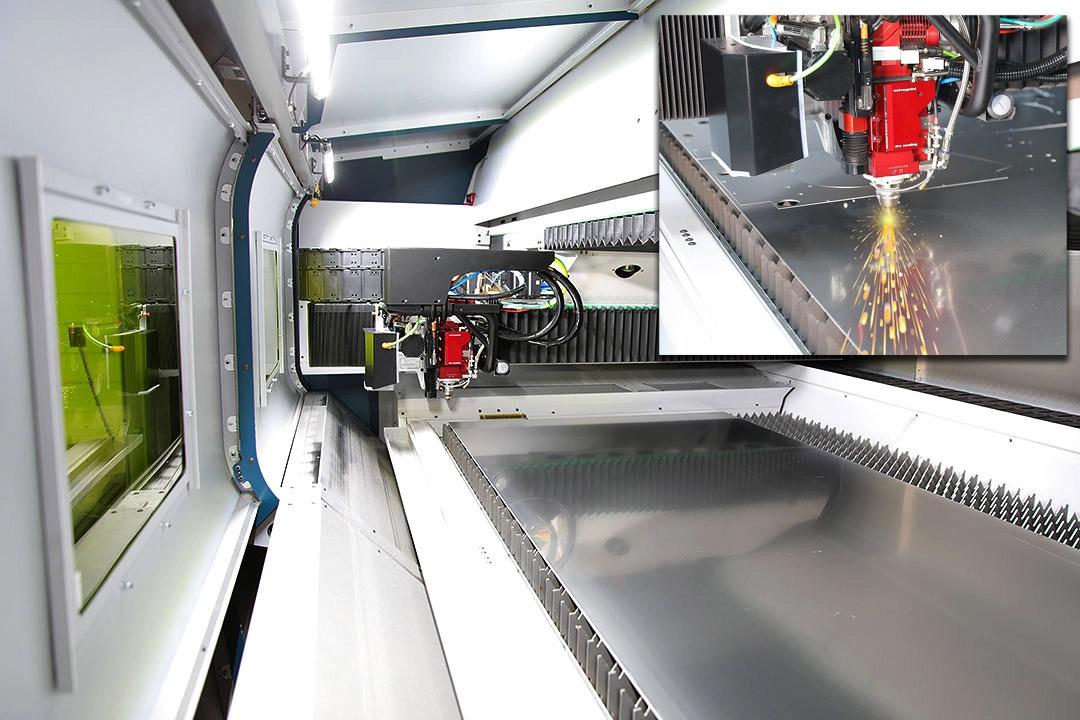 Fiber optic laser bed and cutting head (Inset)