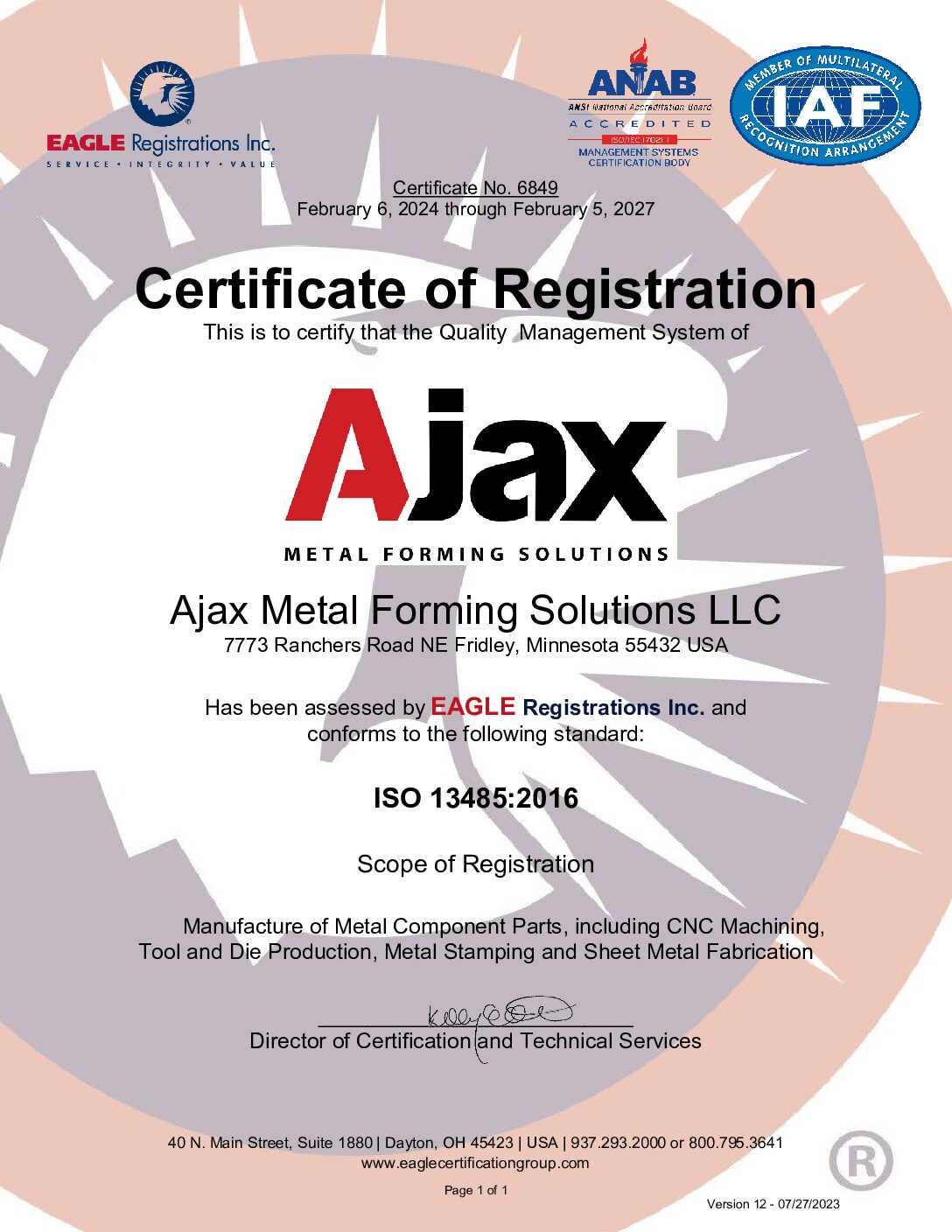 The Ajax ISO 13485:2016 certification document